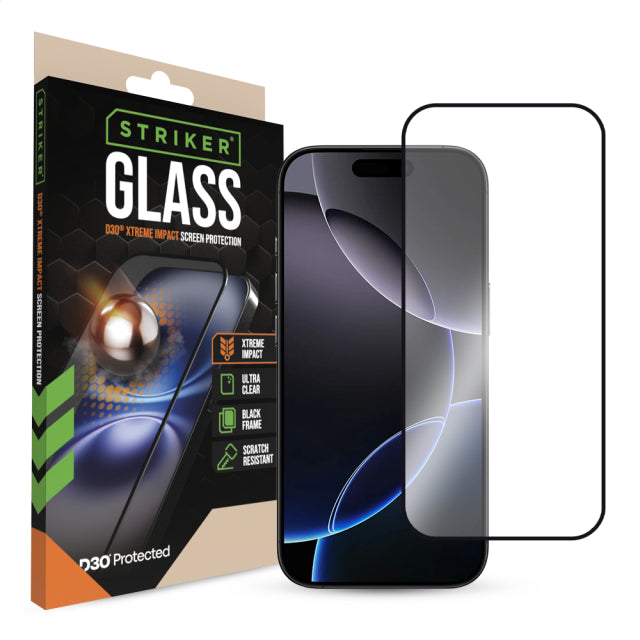 Striker D3O Xtreme Impact Glass Screen Protector - Black Frame - Apple iPhone 16 Pro Max