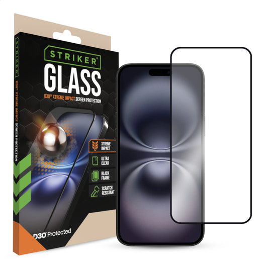 Striker D3O Xtreme Impact Glass Screen Protector - Black Frame - Apple iPhone 14 Pro/15/16
